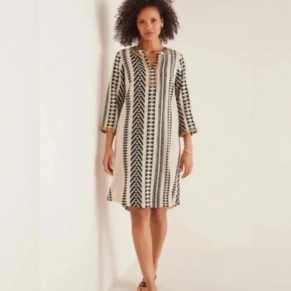 Soft Surroundings Rhea Black Cream Gold Beaded Caftan Dress Women's Size L - Picture 3 of 16